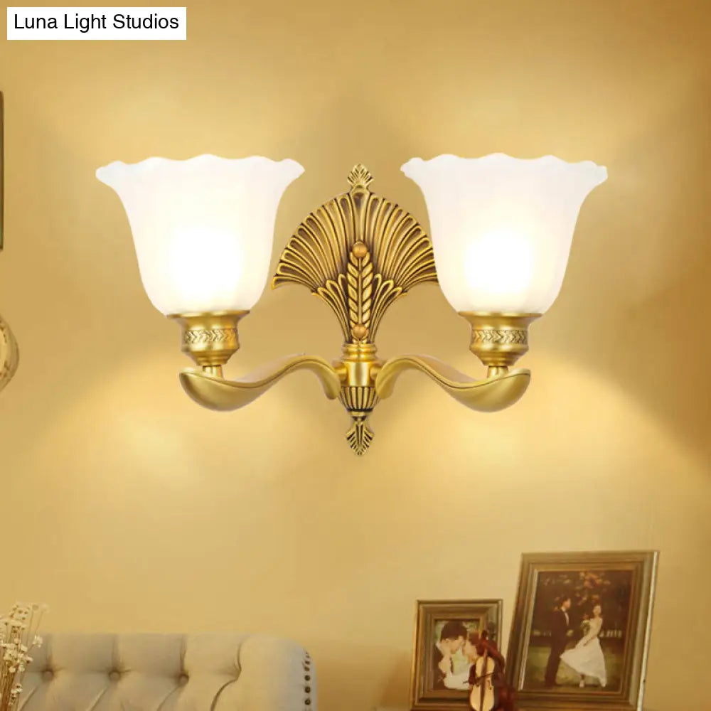 Colonial Milk Glass Bedroom Sconce With Scalloped Design And Gold Finish