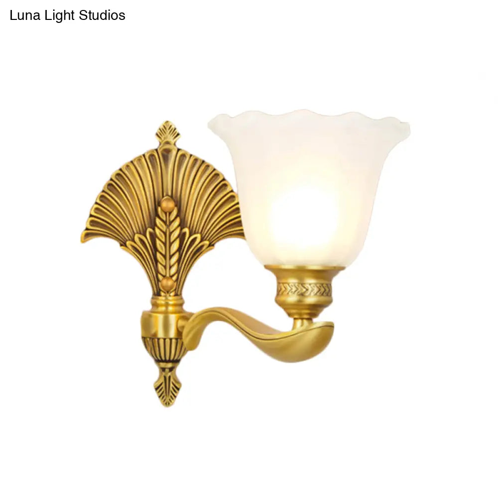 Colonial Milk Glass Bedroom Sconce With Scalloped Design And Gold Finish