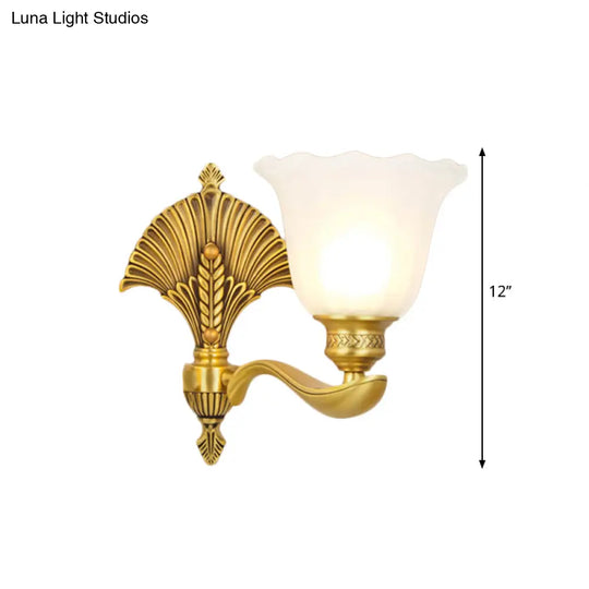 Colonial Milk Glass Bedroom Sconce With Scalloped Design And Gold Finish