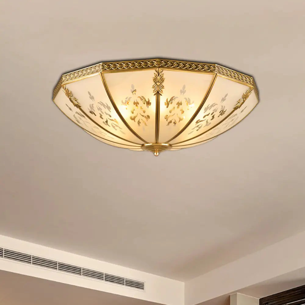 Colonial Milk Glass Ceiling Mount Light Fixture - 3 - Bulb Brass Flush Chandelier For Bedroom