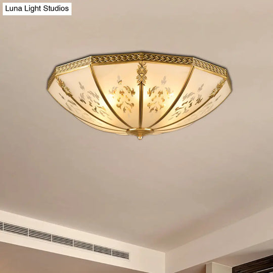 Colonial Milk Glass Ceiling Mount Light Fixture - 3-Bulb Brass Flush Chandelier For Bedroom