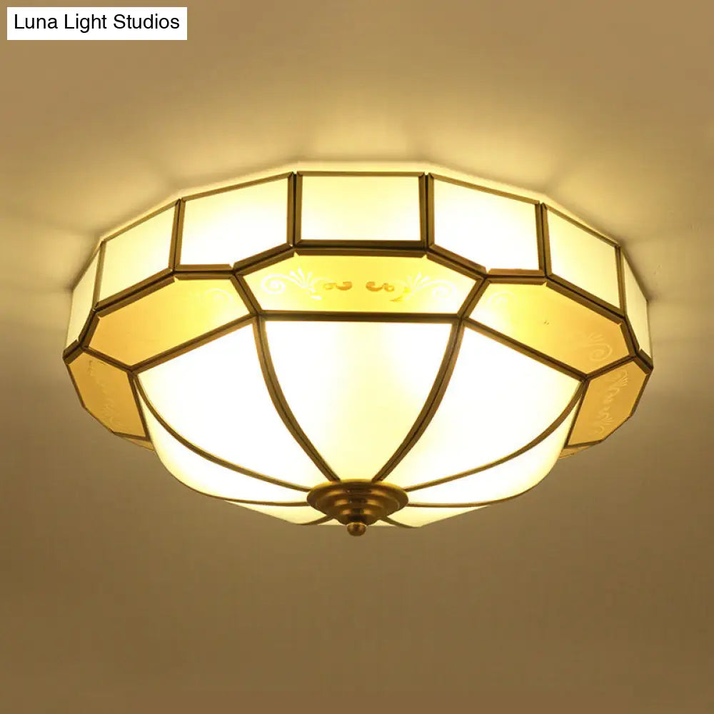 Colonial Milky Glass Bowl Ceiling Fixture 3/4-Bulb Living Room Flush Mount Lamp In Brass 16/19.5