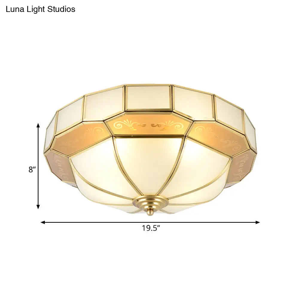 Colonial Milky Glass Bowl Ceiling Fixture 3/4-Bulb Living Room Flush Mount Lamp In Brass 16/19.5