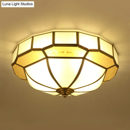 Colonial Milky Glass Bowl Ceiling Fixture 3/4-Bulb Living Room Flush Mount Lamp In Brass