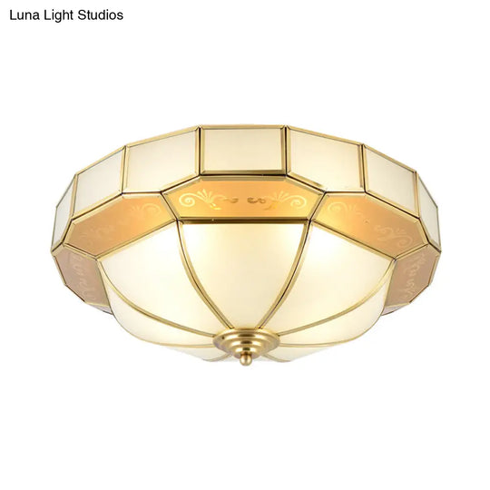 Colonial Milky Glass Bowl Ceiling Fixture 3/4-Bulb Living Room Flush Mount Lamp In Brass