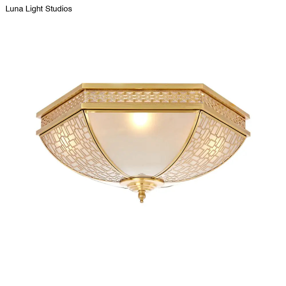 Colonial Opal Frosted Glass Dome Bedroom Flush Mount Light - Brass Ceiling Lamp (3 Bulbs)