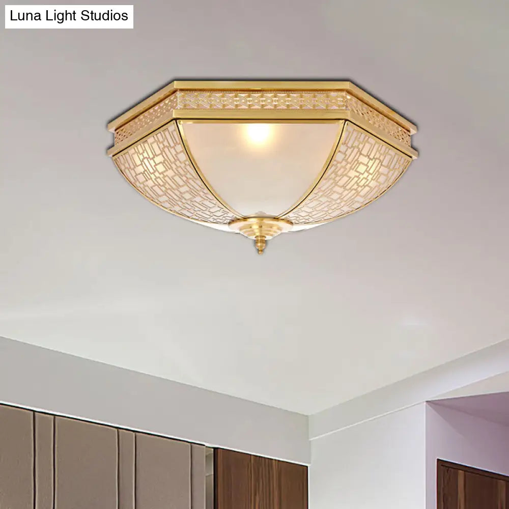 Colonial Opal Frosted Glass Dome Bedroom Flush Mount Light - Brass Ceiling Lamp (3 Bulbs)