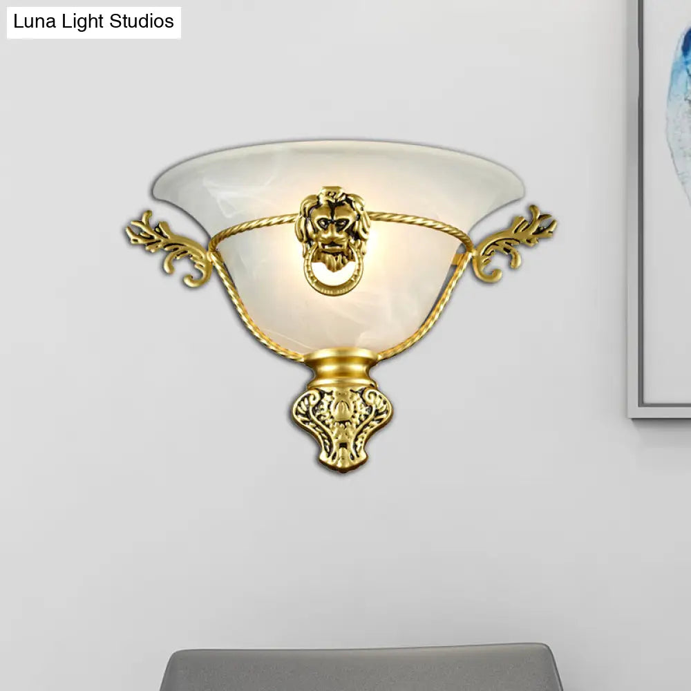 Colonial Opal Glass Trumpet Wall Lamp With Lion Metal Deco - Perfect Bedside Fixture