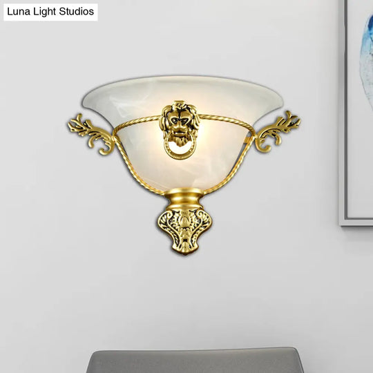 Colonial Opal Glass Trumpet Wall Lamp With Lion Metal Deco - Perfect Bedside Fixture