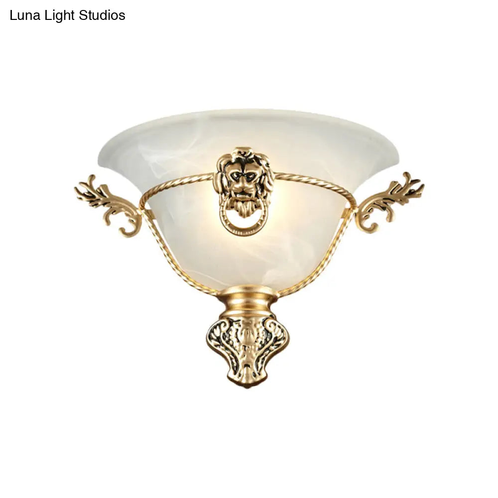 Colonial Opal Glass Trumpet Wall Lamp With Lion Metal Deco - Perfect Bedside Fixture