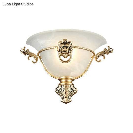 Colonial Opal Glass Trumpet Wall Lamp With Lion Metal Deco - Perfect Bedside Fixture