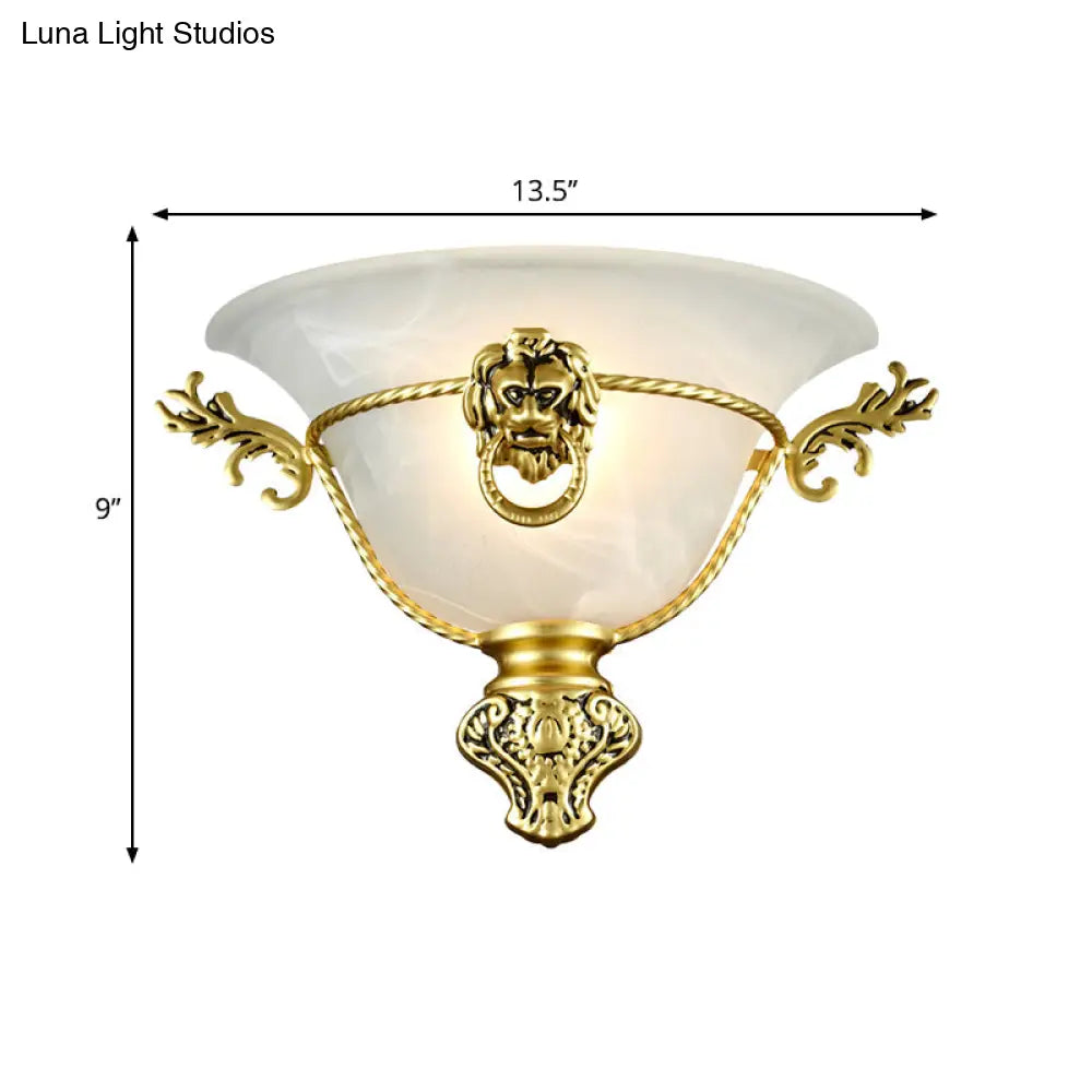 Colonial Opal Glass Trumpet Wall Lamp With Lion Metal Deco - Perfect Bedside Fixture