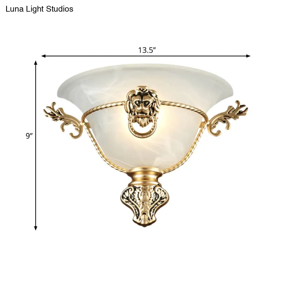 Colonial Opal Glass Trumpet Wall Lamp With Lion Metal Deco - Perfect Bedside Fixture