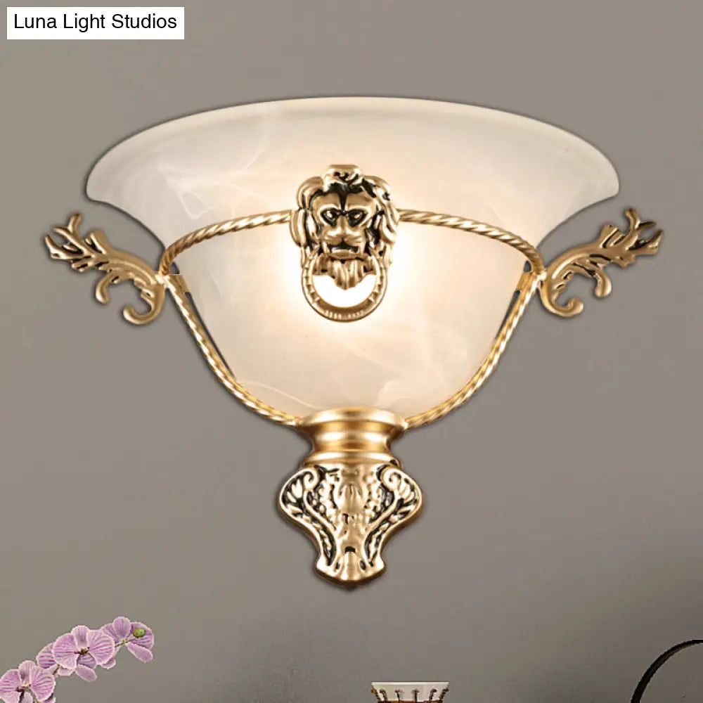 Colonial Opal Glass Trumpet Wall Lamp With Lion Metal Deco - Perfect Bedside Fixture