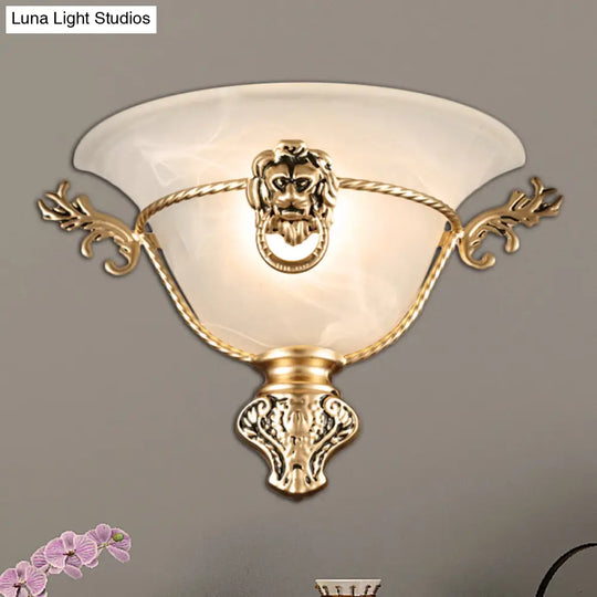 Colonial Opal Glass Trumpet Wall Lamp With Lion Metal Deco - Perfect Bedside Fixture