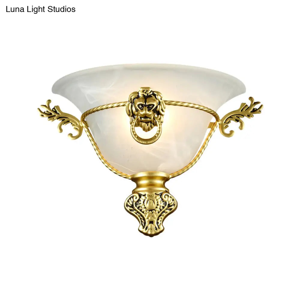 Colonial Opal Glass Trumpet Wall Lamp With Lion Metal Deco - Perfect Bedside Fixture