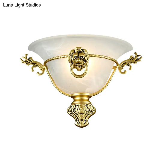 Colonial Opal Glass Trumpet Wall Lamp With Lion Metal Deco - Perfect Bedside Fixture