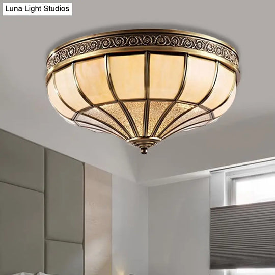 Colonial Opaque Glass Dome Bedroom Flush Mount Lamp Brass Ceiling Light Fixture - 3/4 Bulbs
