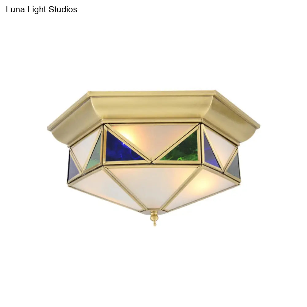 Colonial Prism Ceiling Mount Light Fixture - 3 Bulbs White/Seeded Glass Gold/Blue Flush Chandelier