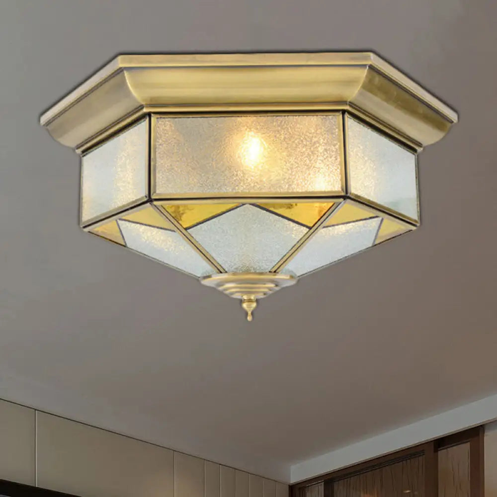 Colonial Prism Ceiling Mount Light Fixture - 3 Bulbs White/Seeded Glass Gold/Blue Flush Chandelier