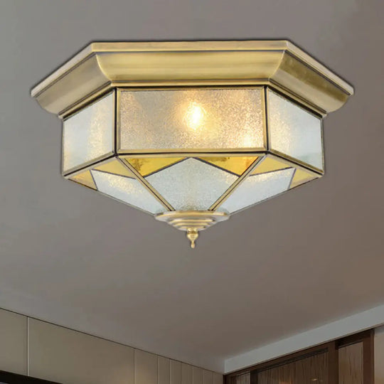 Colonial Prism Ceiling Mount Light Fixture - 3 Bulbs White/Seeded Glass Gold/Blue Flush Chandelier