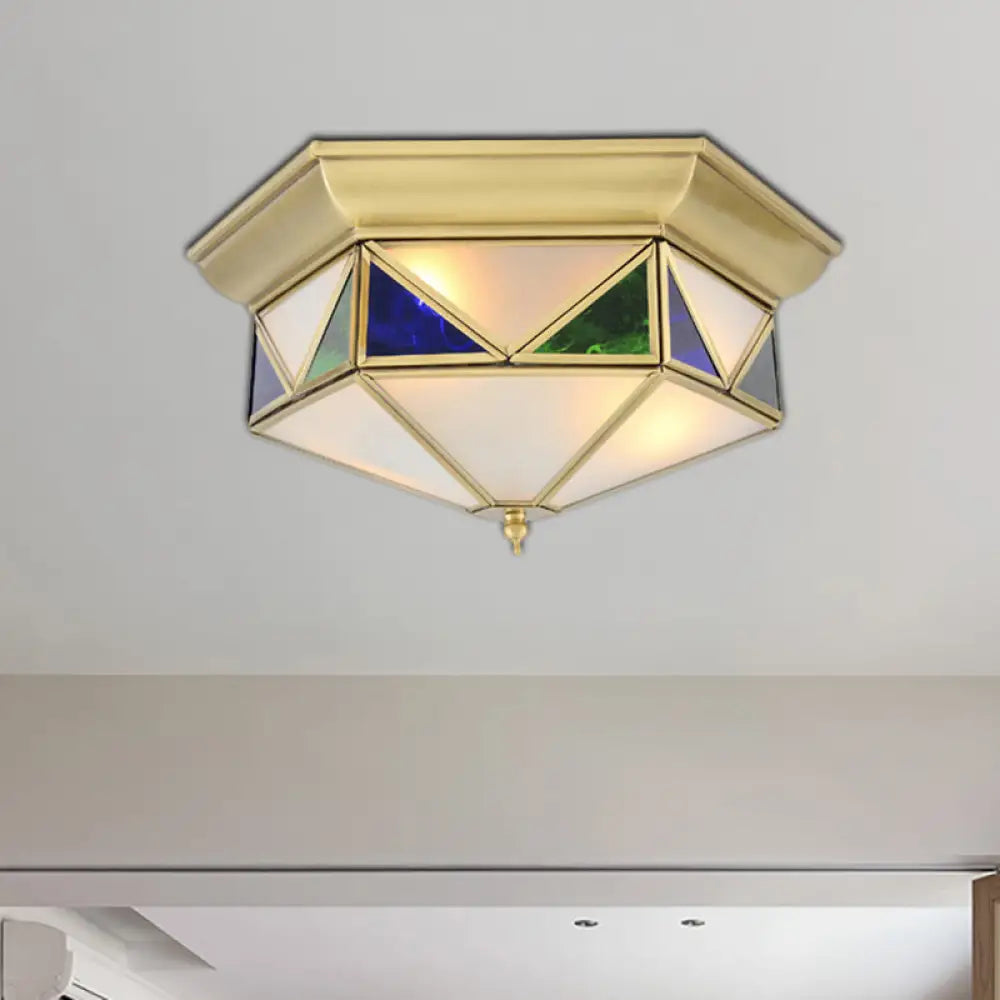 Colonial Prism Ceiling Mount Light Fixture - 3 Bulbs White/Seeded Glass Gold/Blue Flush Chandelier