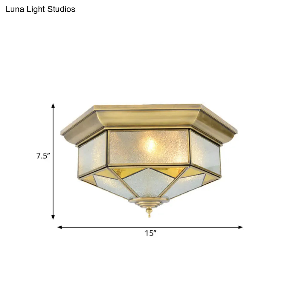 Colonial Prism Ceiling Mount Light Fixture - 3 Bulbs White/Seeded Glass Gold/Blue Flush Chandelier