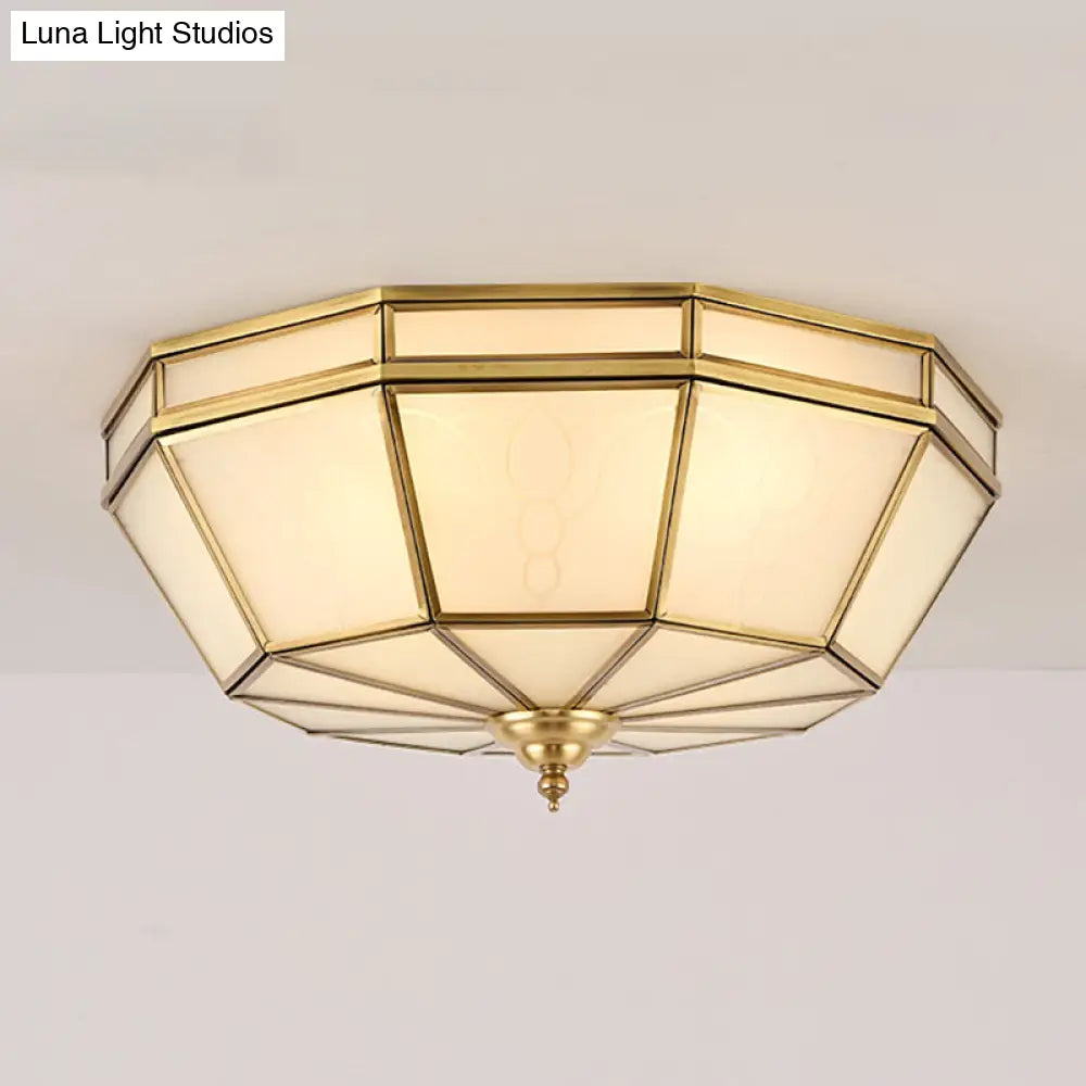 Colonial Sandblasted Glass Brass Flush Mount Lamp With Multiple Heads For Living Room Ceiling / Drum