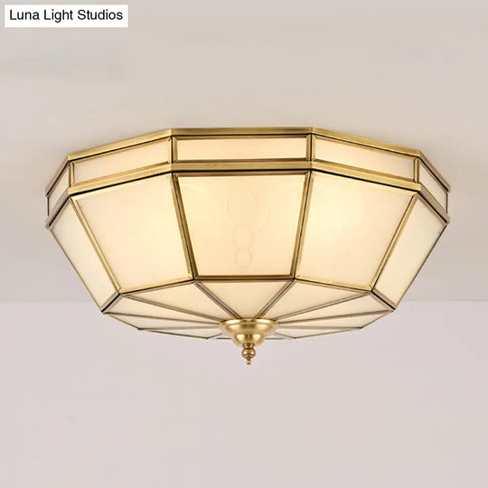 Colonial Sandblasted Glass Brass Flush Mount Lamp With Multiple Heads For Living Room Ceiling / Drum