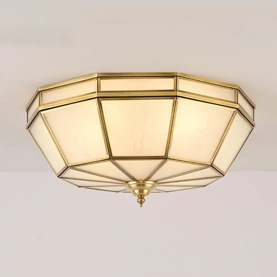 Colonial Sandblasted Glass Brass Flush Mount Lamp With Multiple Heads For Living Room Ceiling / Drum