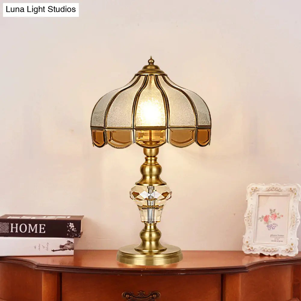 Colonial Scalloped Opal Glass Nightstand Lamp - Gold With Crystal Drop