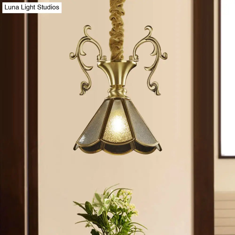 Colonial Seeded Glass Brass Pendant: 1-Light Scallop Ceiling Lamp For Dining Room