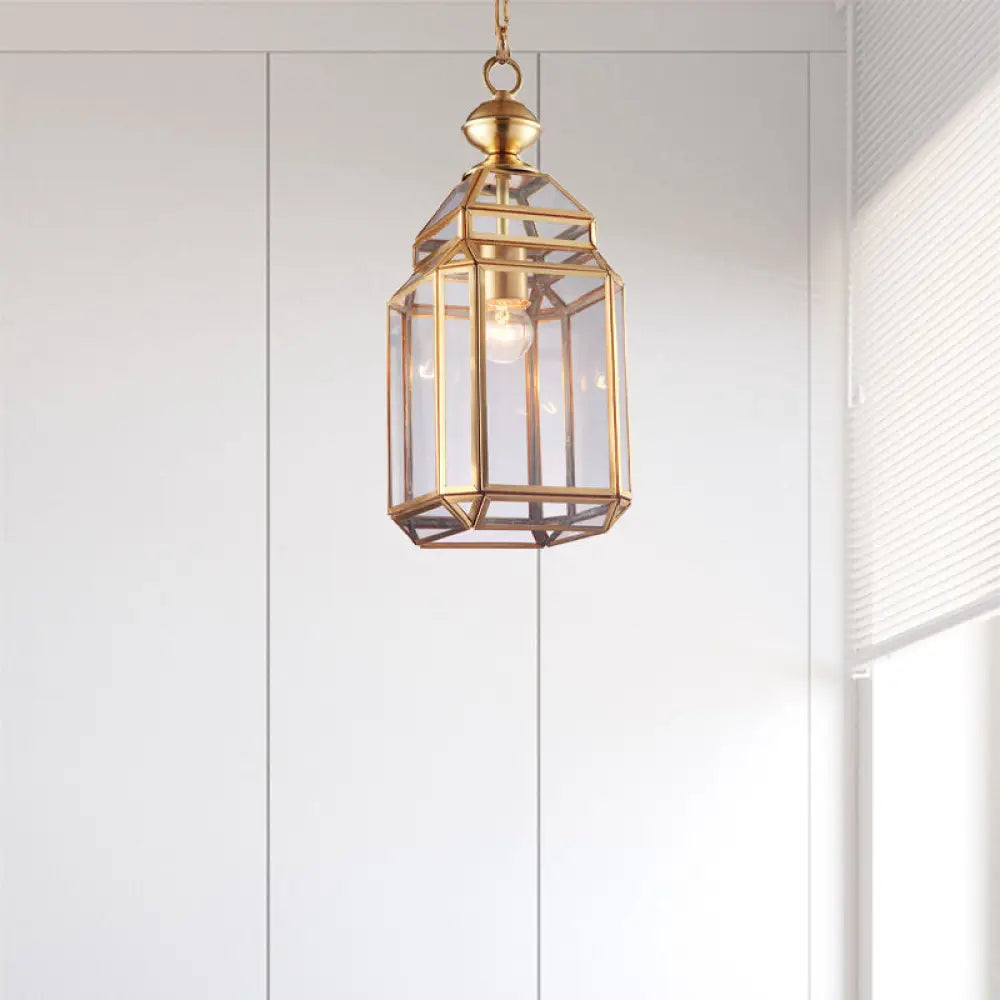 Colonial Single Bulb Lantern Pendant Light Clear Glass Suspension Lamp For Dining Room Brass