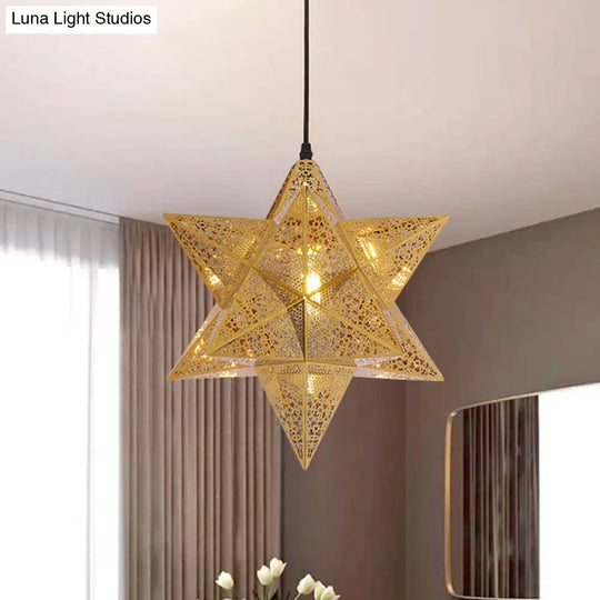 Colonial Stainless Steel Pendant Light - Cutout Star Design 1-Bulb Gold Suspension Lighting 14/18