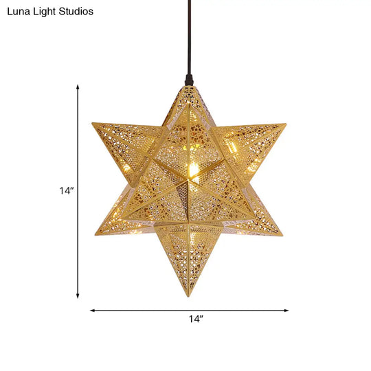 Colonial Stainless Steel Pendant Light - Cutout Star Design 1-Bulb Gold Suspension Lighting 14/18