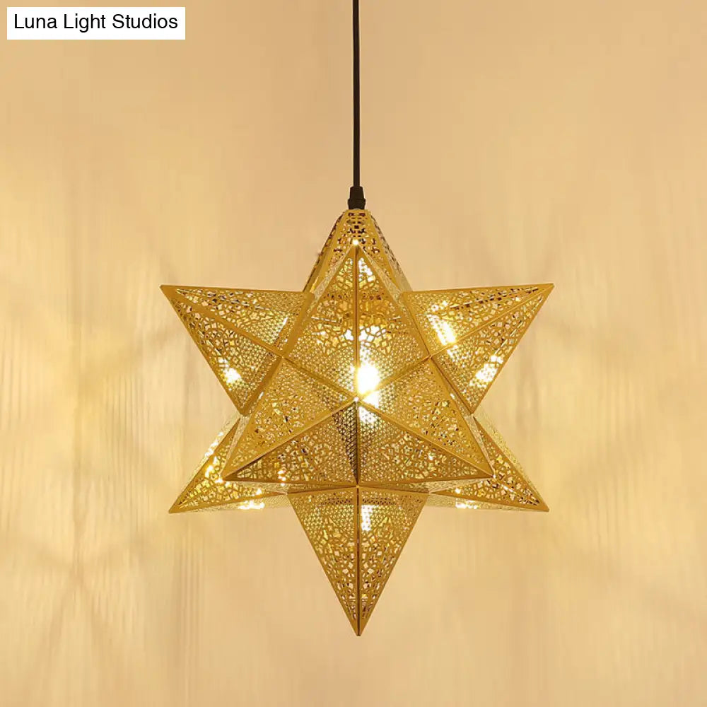 Colonial Stainless Steel Pendant Light - Cutout Star Design 1-Bulb Gold Suspension Lighting 14/18