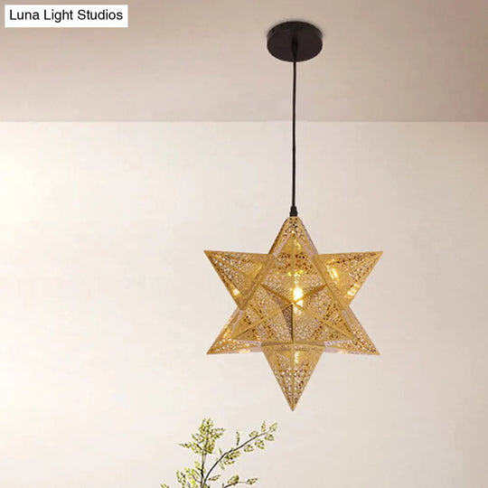 Colonial Stainless Steel Pendant Light - Cutout Star Design 1-Bulb Gold Suspension Lighting 14/18