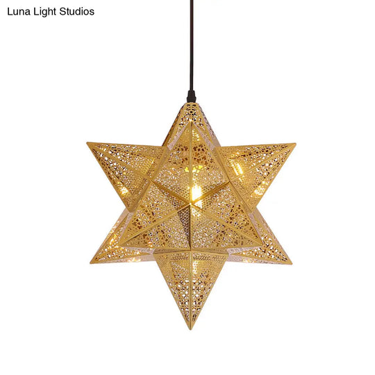 Colonial Stainless Steel Pendant Light - Cutout Star Design 1-Bulb Gold Suspension Lighting 14/18