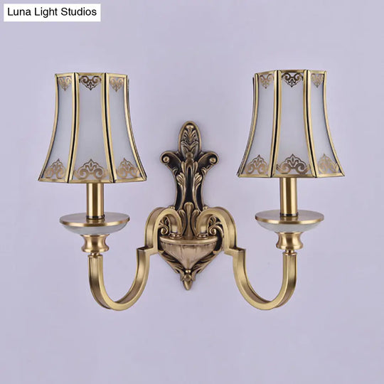 Colonial Style 1/2 Heads Flared Glass Wall Lamp In Brass - Lighting Fixture