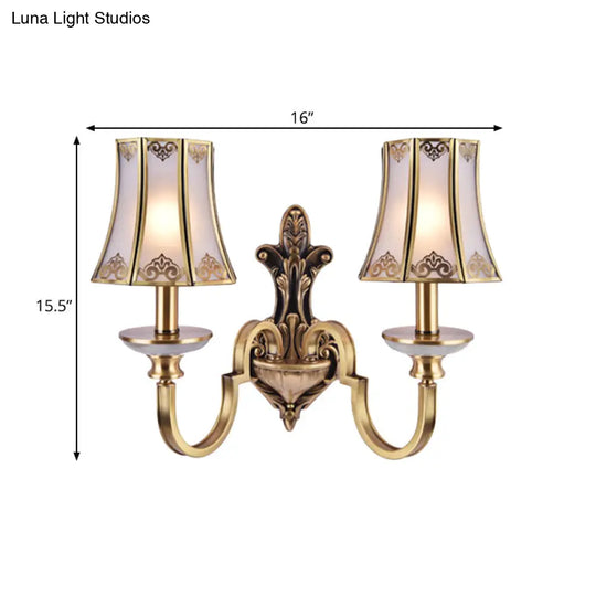 Colonial Style 1/2 Heads Flared Glass Wall Lamp In Brass - Lighting Fixture