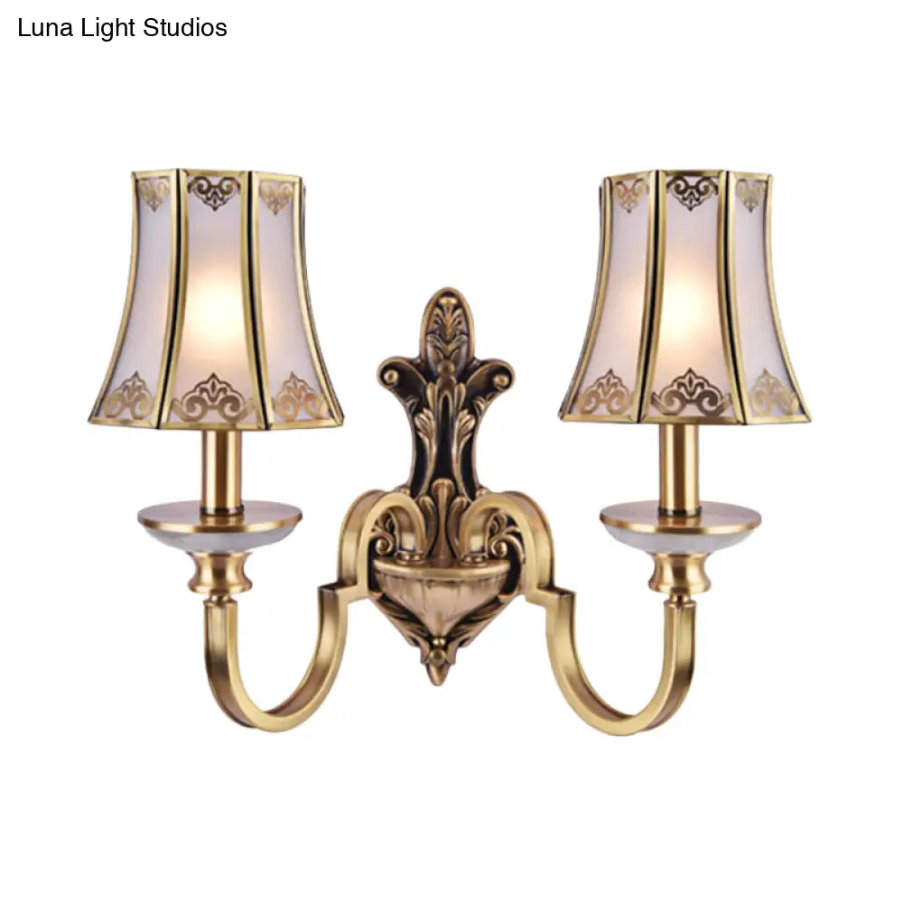 Colonial Style 1/2 Heads Flared Glass Wall Lamp In Brass - Lighting Fixture