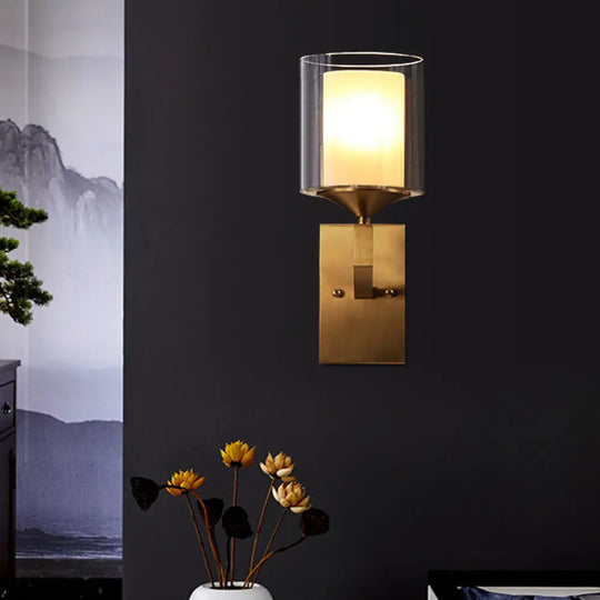 Colonial Style 2-Tier Wall Lamp With Cylindrical Glass Sconce - Brass Finish