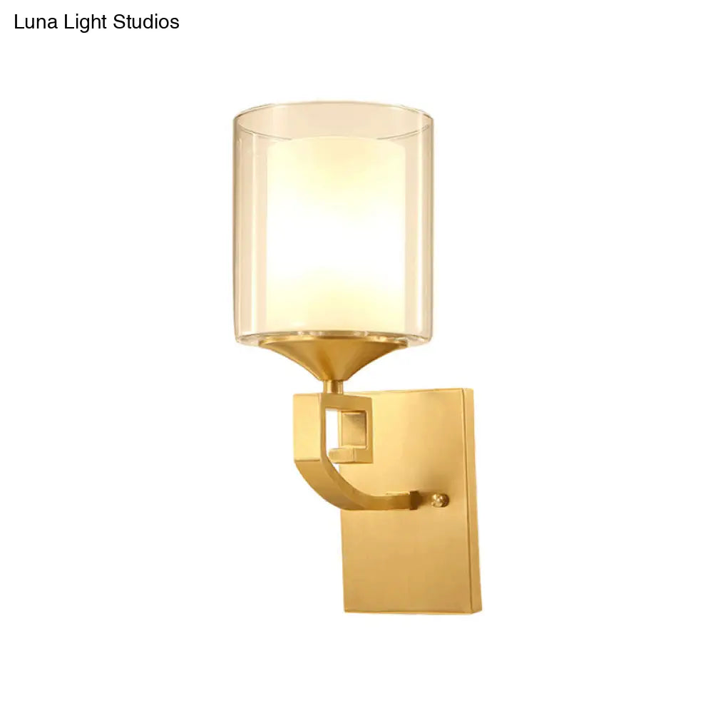 Colonial Style 2-Tier Wall Lamp With Cylindrical Glass Sconce - Brass Finish