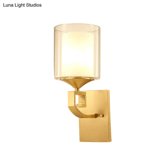 Colonial Style 2-Tier Wall Lamp With Cylindrical Glass Sconce - Brass Finish