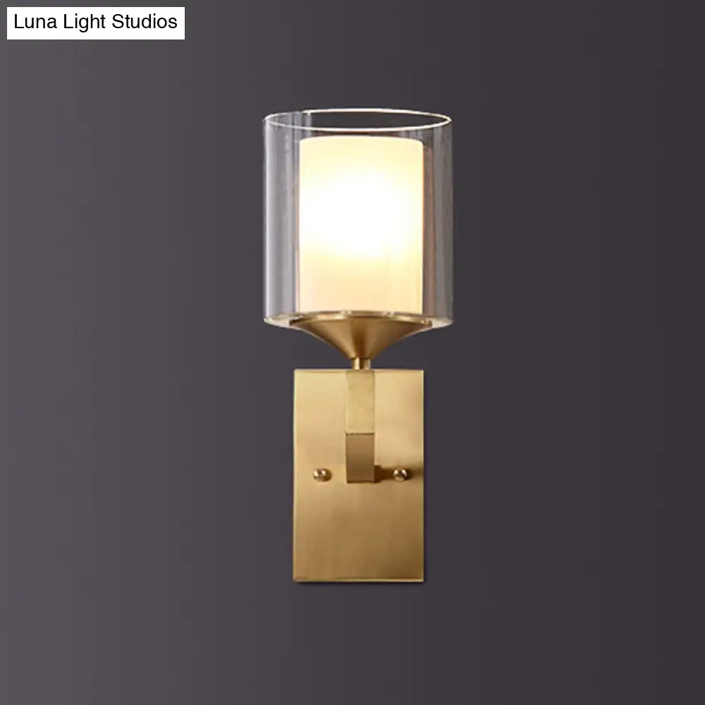 Colonial Style 2-Tier Wall Lamp With Cylindrical Glass Sconce - Brass Finish