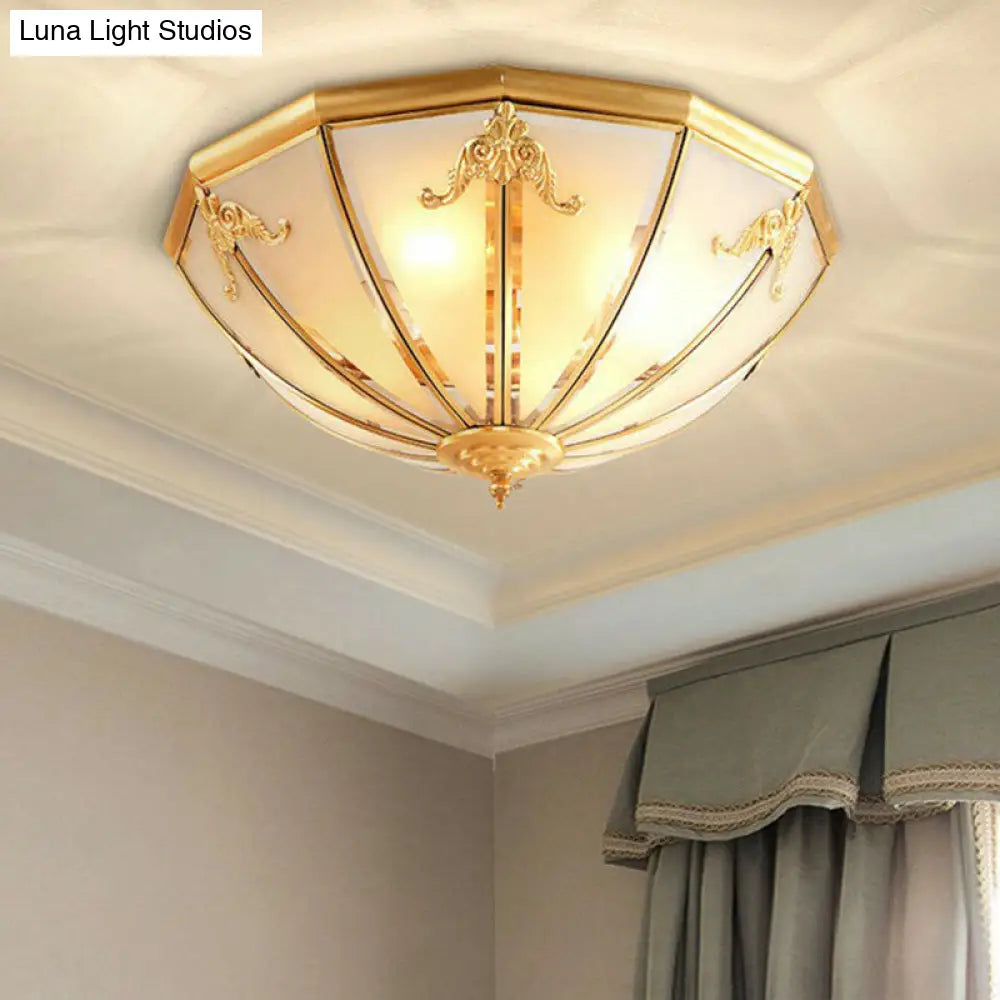 Colonial Style 3-Light Hemispherical Brass Ceiling Light With Frosted White Glass - Flush Mount Lamp