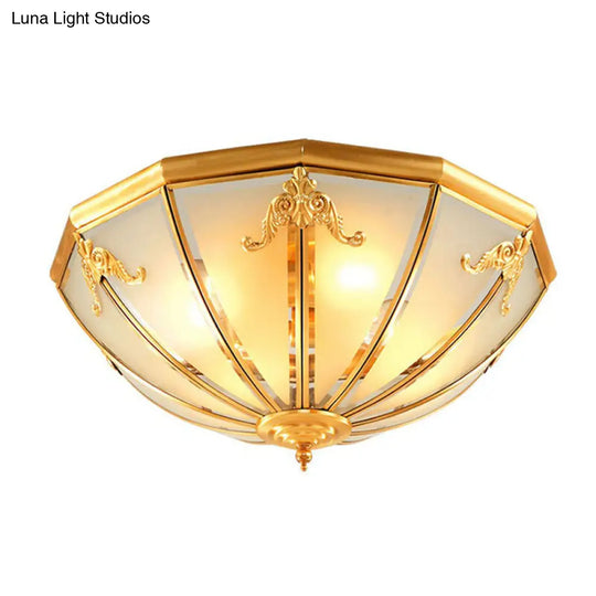 Colonial Style 3-Light Hemispherical Brass Ceiling Light With Frosted White Glass - Flush Mount Lamp