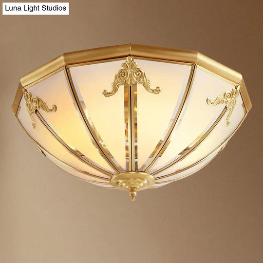 Colonial Style 3-Light Hemispherical Brass Ceiling Light With Frosted White Glass - Flush Mount Lamp