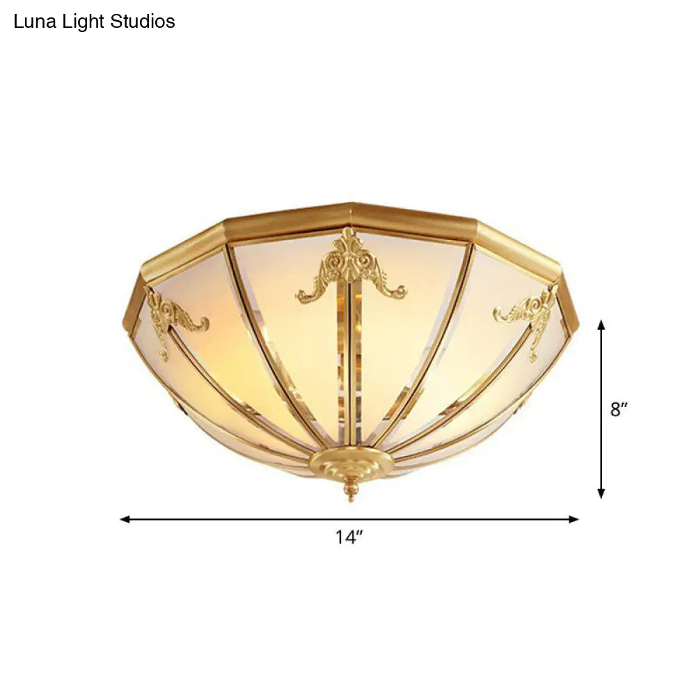 Colonial Style 3-Light Hemispherical Brass Ceiling Light With Frosted White Glass - Flush Mount Lamp