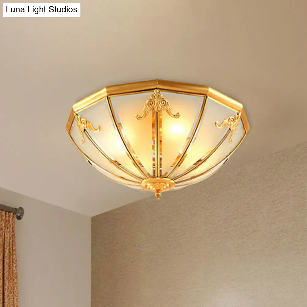 Colonial Style 3-Light Hemispherical Brass Ceiling Light With Frosted White Glass - Flush Mount Lamp